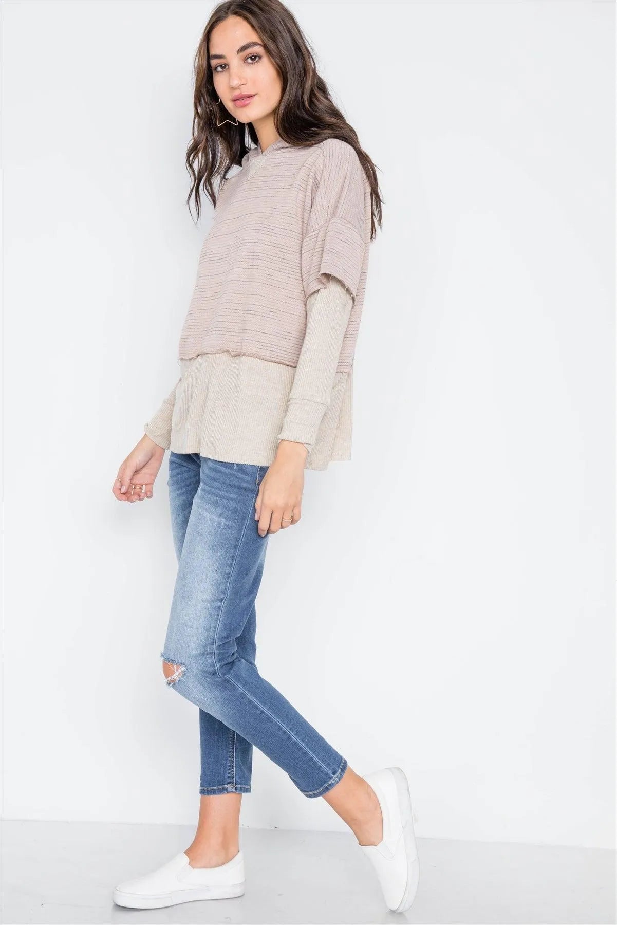 Mocha Combo Hooded Long Sleeve Sweater /2-2-3 - Tasha Apparel Wholesale