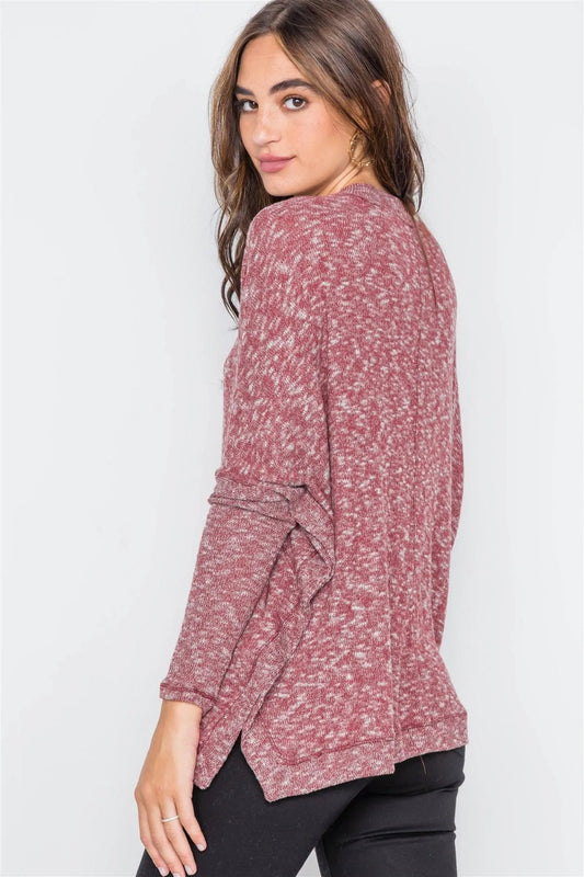 Burgundy Heathered Dolman Sleeves Knit Sweater Top / 2-2-2 - Tasha Apparel Wholesale