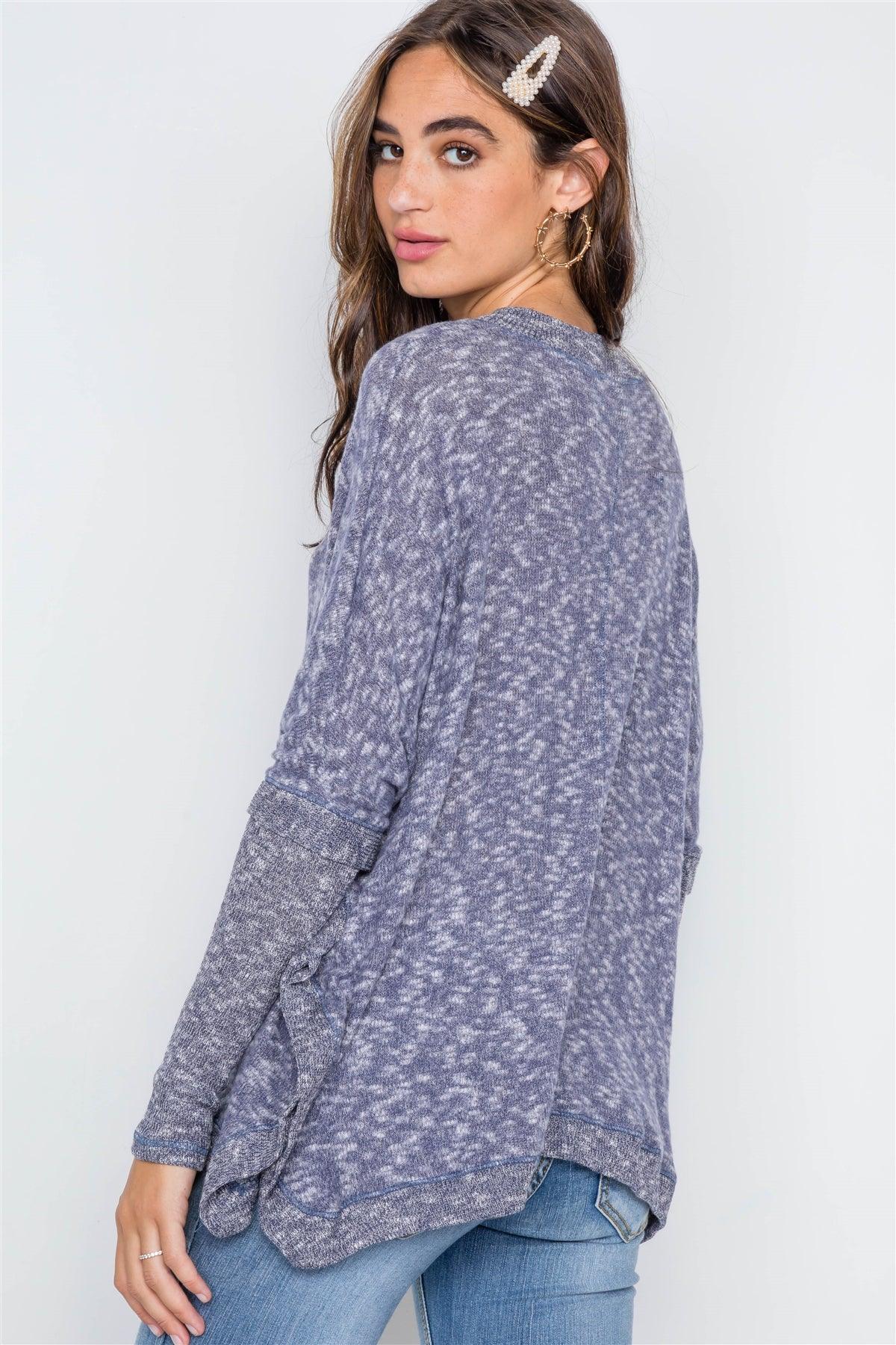 Navy Heathered Dolman Sleeves Knit Sweater Top / 2-2-2