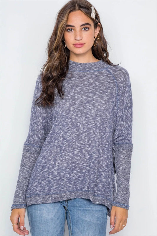 Navy Heathered Dolman Sleeves Knit Top - Tasha Apparel Wholesale
