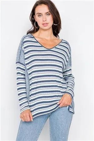 Blue Drop Shoulder Cut Out Back Relaxed High-Low Top - Tasha Apparel Wholesale