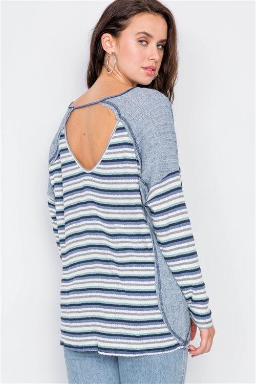 Blue Drop Shoulder Cut Out Back Relaxed High-Low Top