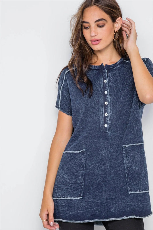 Denim Color Short Sleeve Knit Top / 2-2-2 - Tasha Apparel Wholesale