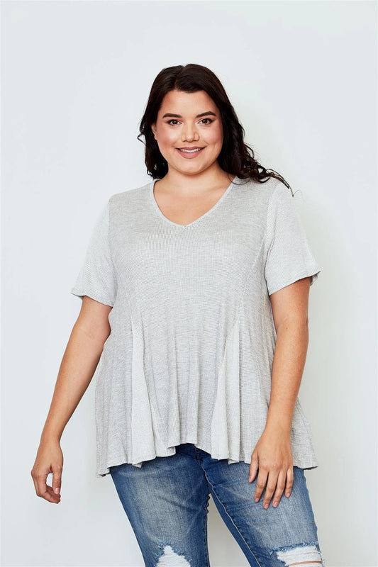 Plus Size Light Grey V Neck Loose Top / 2-2 - Tasha Apparel Wholesale