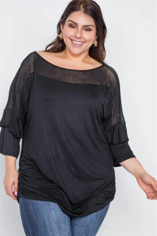 Plus Size Black Net Combo 3/4 Sleeve Top /2-2-2 - Tasha Apparel Wholesale