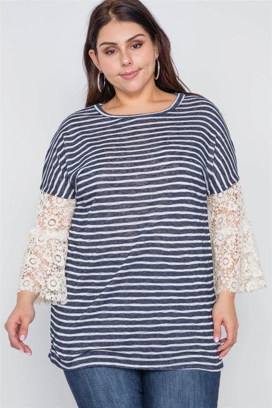 Plus Size Navy Taupe Stripe Lace Sleeves Knit Top /2-2-2 - Tasha Apparel Wholesale