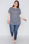 Plus Size Navy Taupe Stripe Lace Sleeves Knit Top /2-3-3
