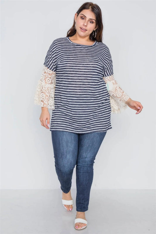 Plus Size Navy Taupe Stripe Lace Sleeves Knit Top /2-3-3 - Tasha Apparel Wholesale