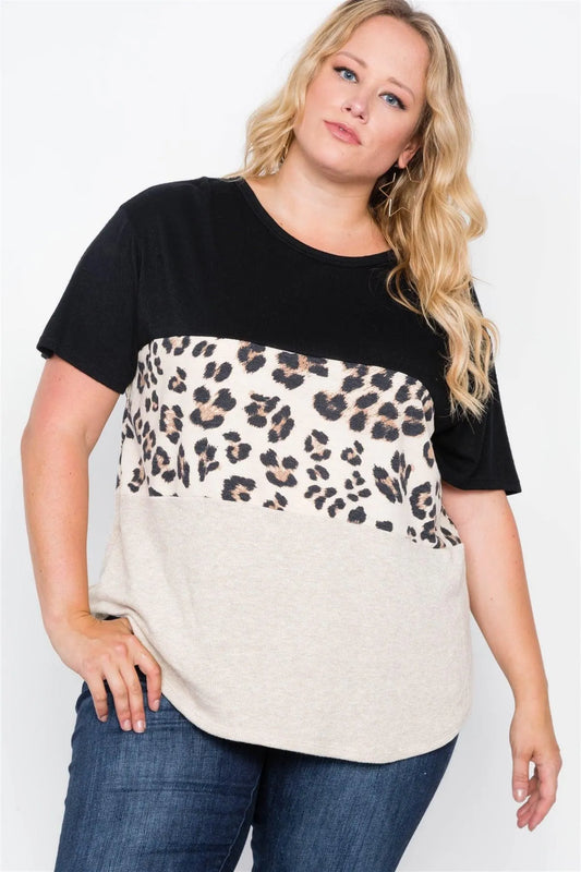 Black Cheetah Print Color Block Short Sleeve Top /2-2-2 - Tasha Apparel Wholesale