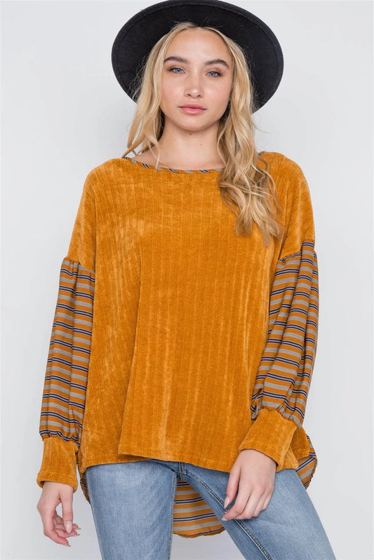 Mustard Long Sleeves Horizontal Stripes Top /2-2-2 - Tasha Apparel Wholesale