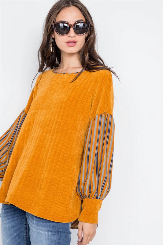 Mustard Long Sleeves Vertical Stripes Top /2-2-2 - Tasha Apparel Wholesale