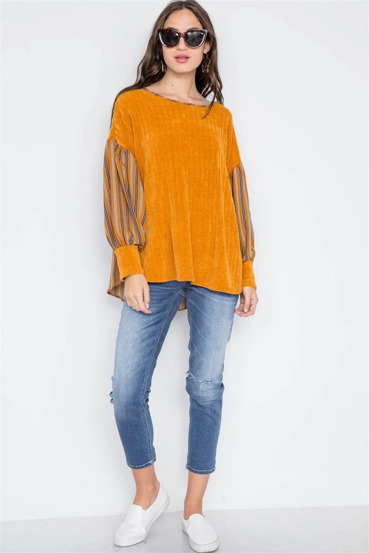 Mustard Long Sleeves Vertical Stripes Top /2-2-3 - Tasha Apparel Wholesale