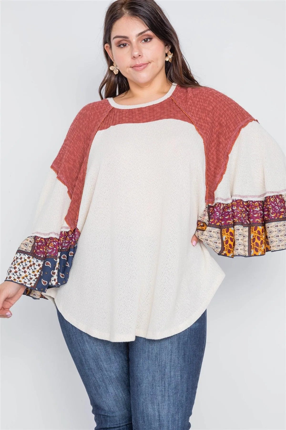 Plus Size Beige Rust Knit Multi Pattern Top - Tasha Apparel Wholesale