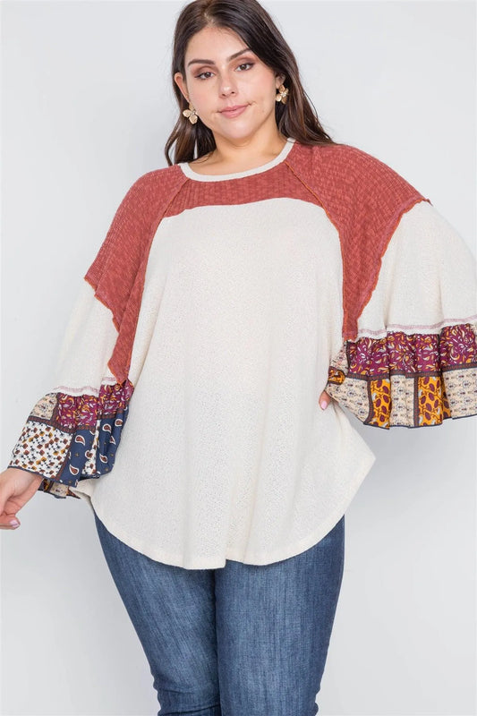 Plus Size Beige Rust Knit Multi Pattern Top - Tasha Apparel Wholesale