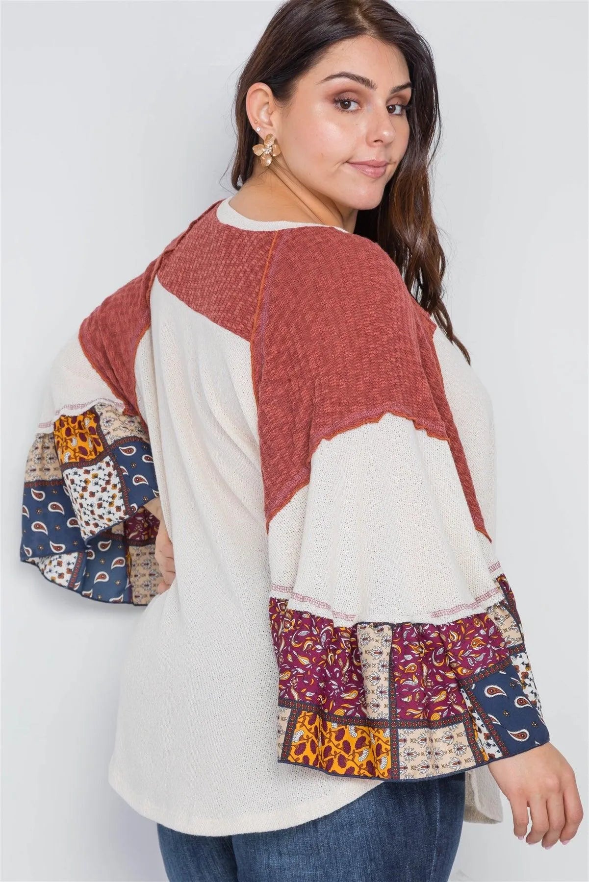 Plus Size Beige Rust Knit Multi Pattern Top - Tasha Apparel Wholesale
