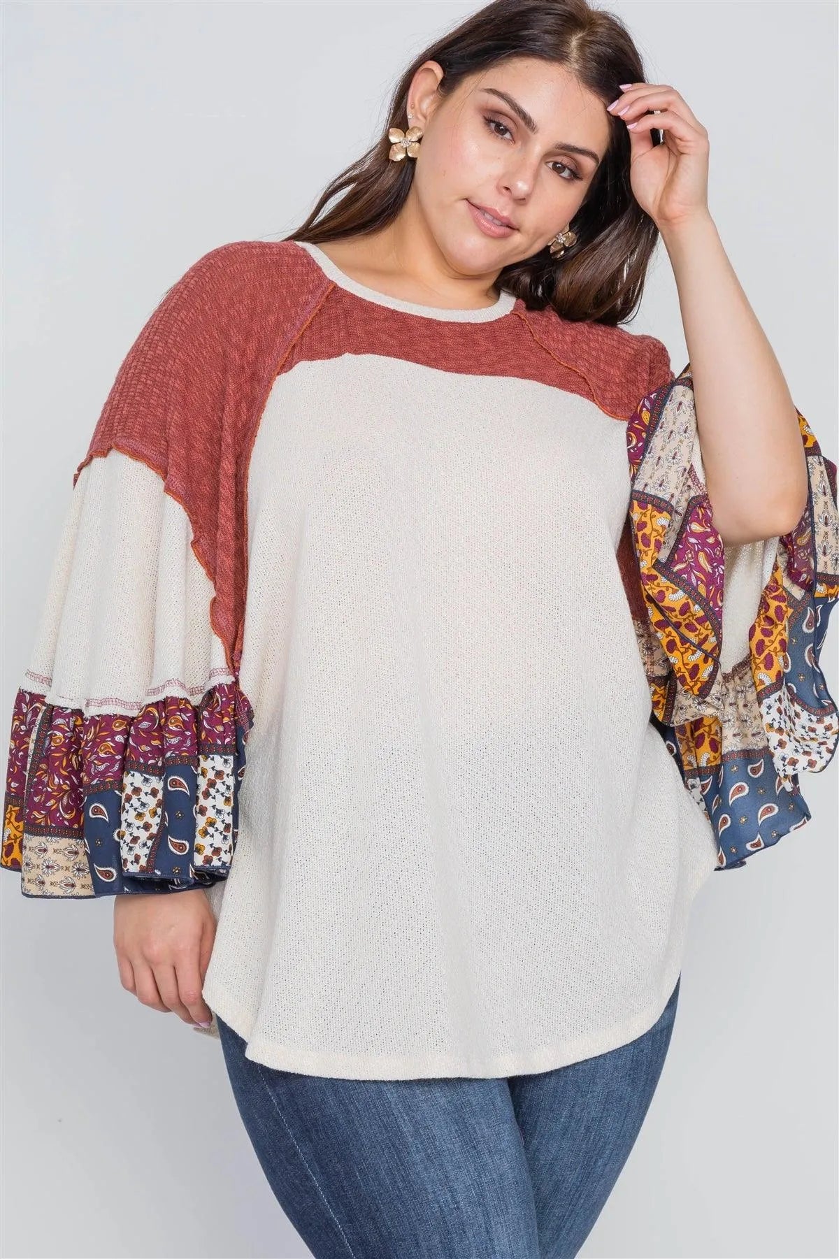Plus Size Beige Rust Knit Multi Pattern Top - Tasha Apparel Wholesale