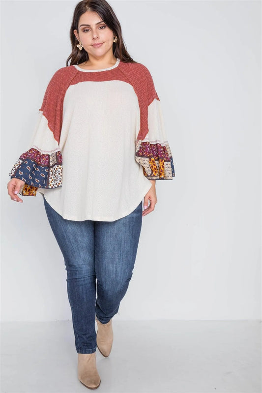 Plus Size Beige Rust Knit Multi Pattern Top /1-2-3 - Tasha Apparel Wholesale