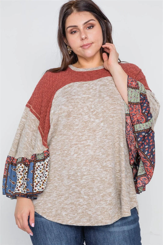 Plus Size Oatmeal Rust Knit Multi Pattern Top /2-2-2 - Tasha Apparel Wholesale