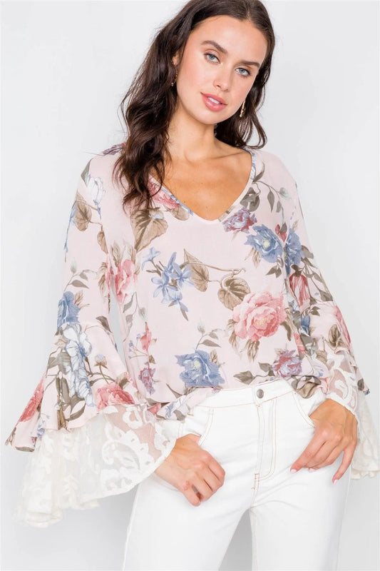Blush & Floral Print Sheer Layered Trumpet Sleeve Blouse / 2-2-2 - Tasha Apparel Wholesale