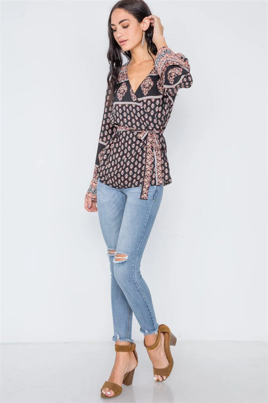 Black Rust Long Kimono Sleeves Wrap Top /2-2 - Tasha Apparel Wholesale