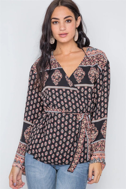 Black Rust Long Kimono Sleeves Wrap Top /2-2-2 - Tasha Apparel Wholesale