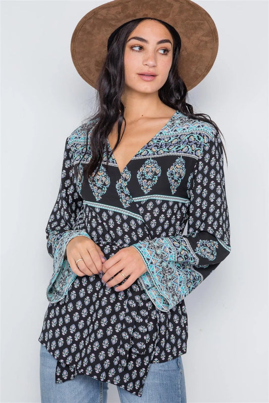 Black Turquoise Long Kimono Sleeves Wrap Top /2-2-2 - Tasha Apparel Wholesale
