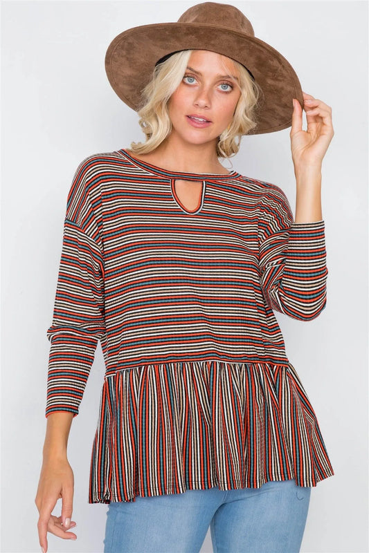Multi Retro Stripe Front Keyhole Scoop Neck Peplum Top /2-2-2 - Tasha Apparel Wholesale