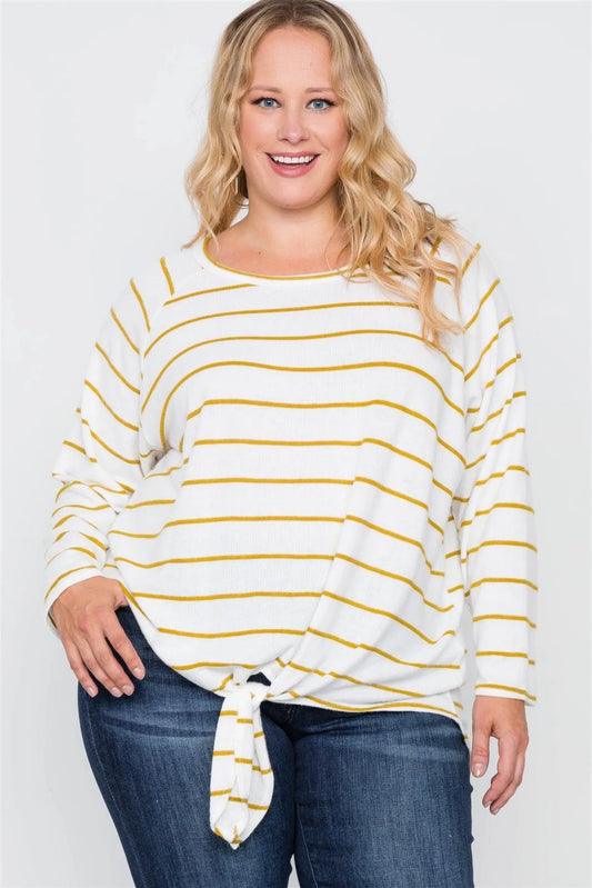 Plus Size Ivory Mustard Stripe Soft Long Sleeve Top /2-2-2 - Tasha Apparel Wholesale