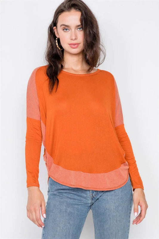 Orange Boat Neck Long Sleeve Top /2-2-2 - Tasha Apparel Wholesale