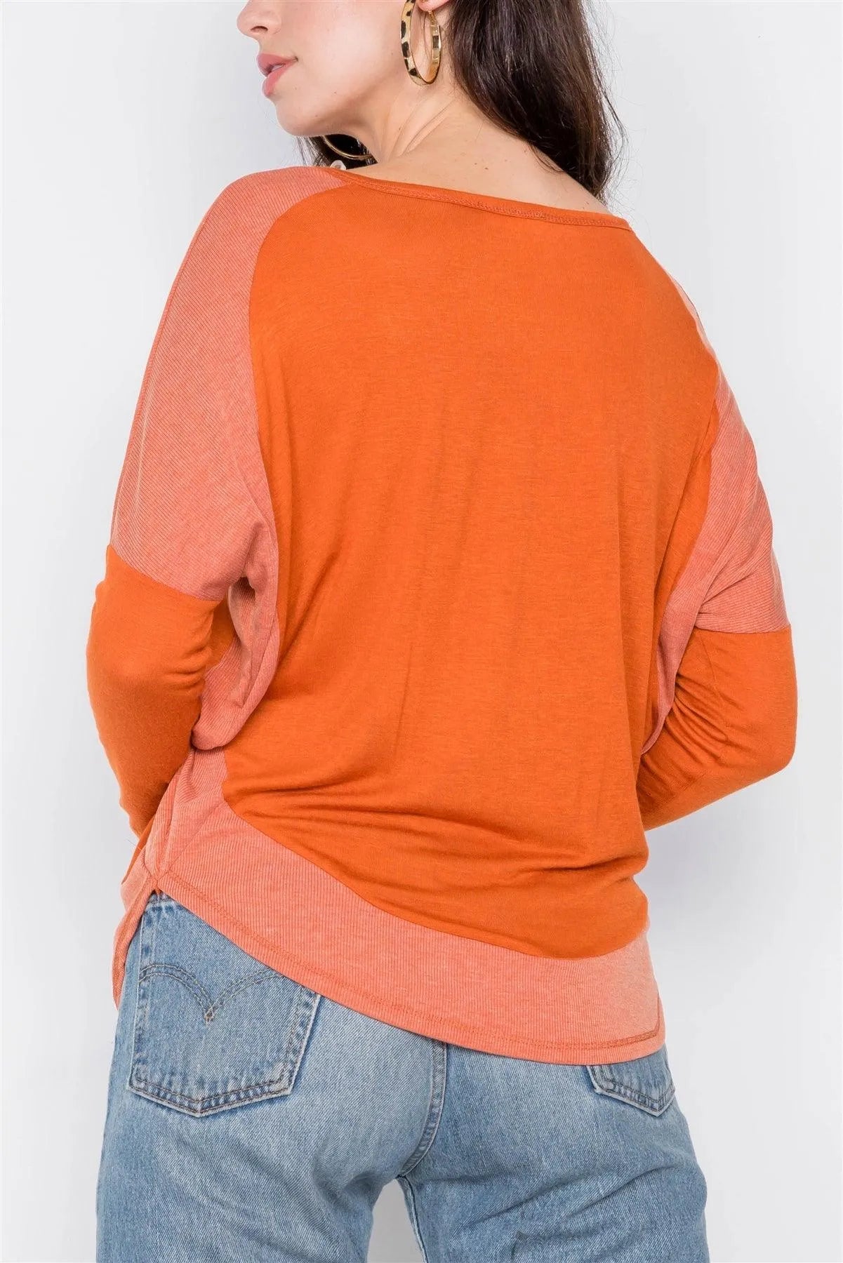 Orange Boat Neck Long Sleeve Top /2-2-2 - Tasha Apparel Wholesale