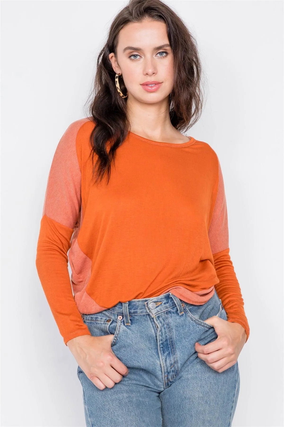 Orange Boat Neck Long Sleeve Top /2-2-2 - Tasha Apparel Wholesale