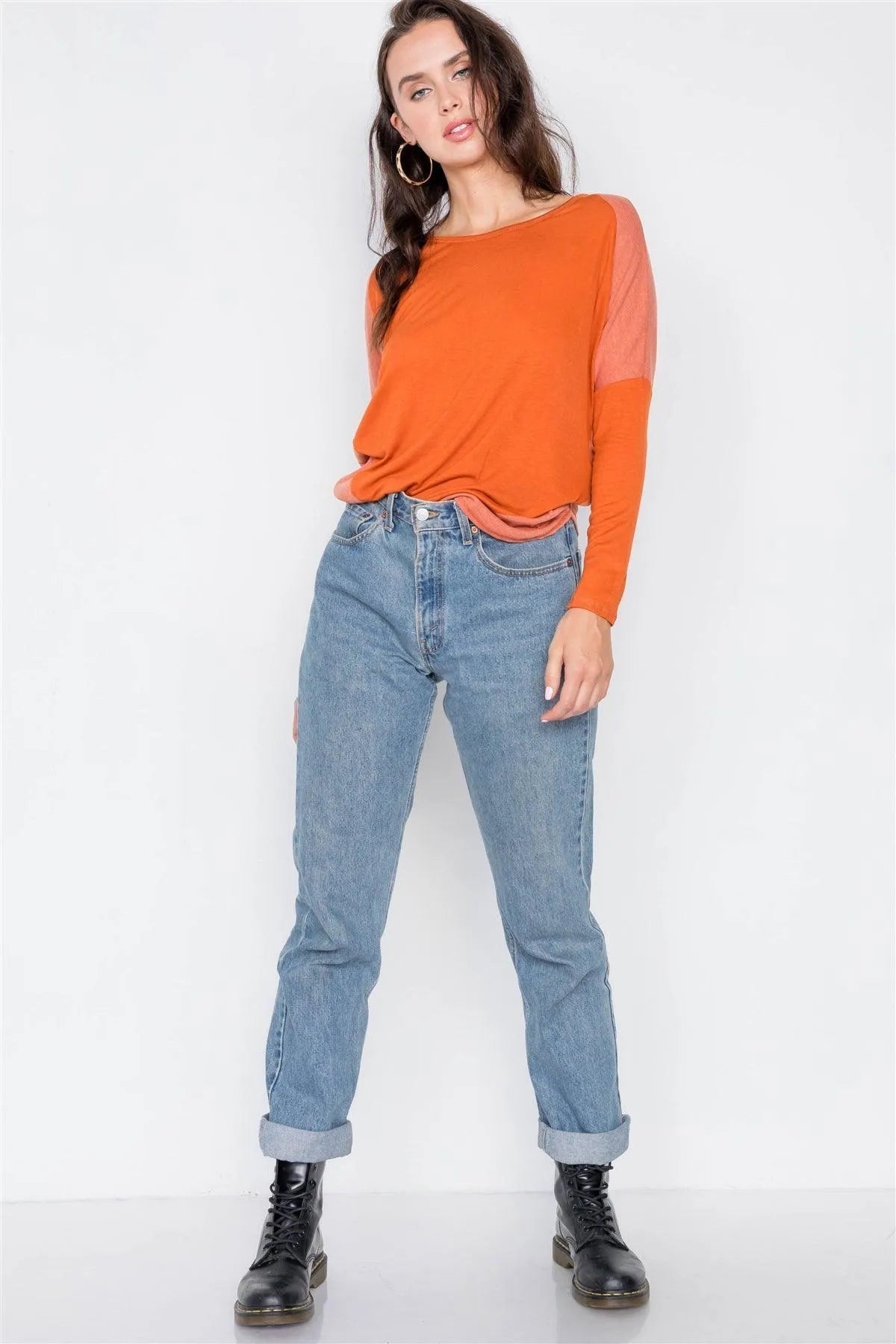 Orange Boat Neck Long Sleeve Top /2-2-2 - Tasha Apparel Wholesale