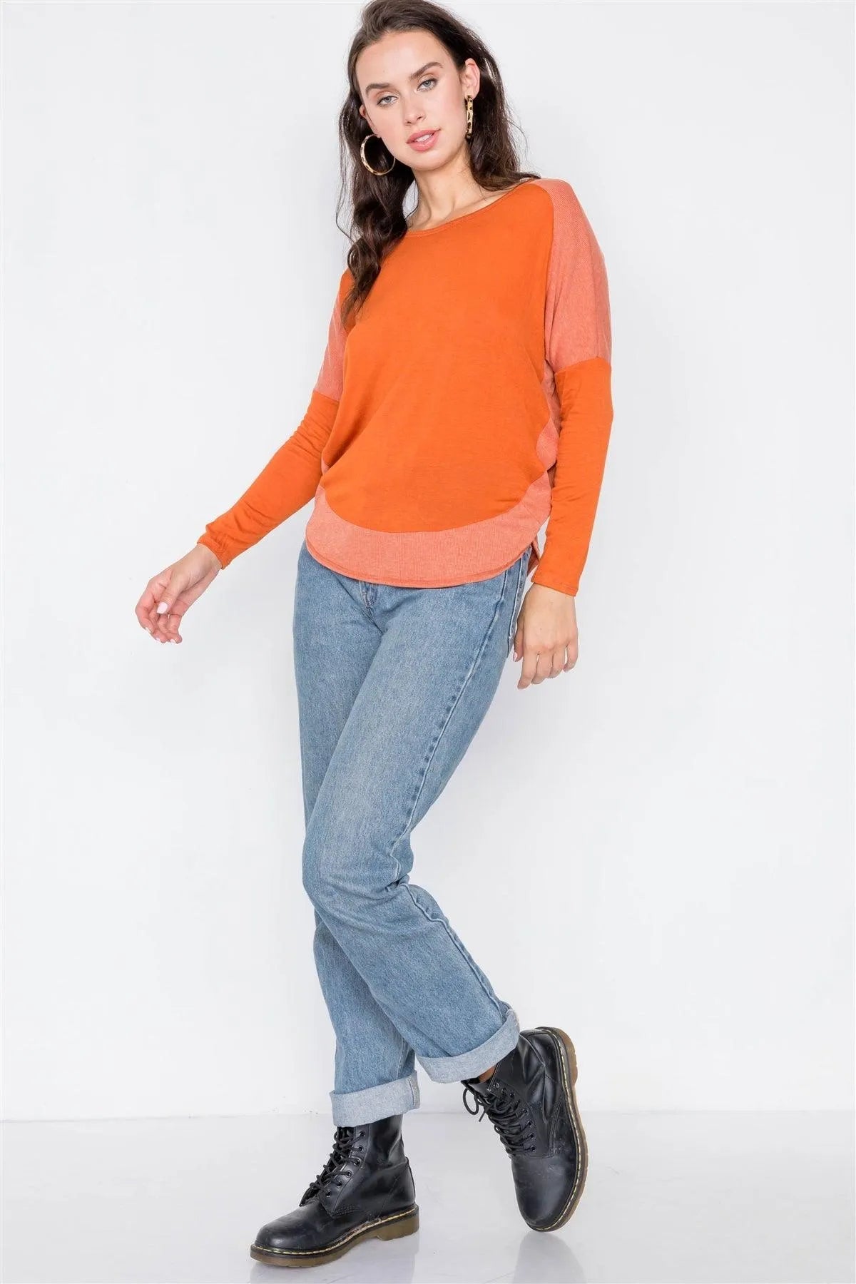 Orange Boat Neck Long Sleeve Top /2-2-2 - Tasha Apparel Wholesale