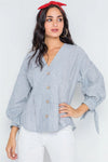 Grey Stripe Button Down Long Sleeve Boho Top /2-2-2 - Tasha Apparel Wholesale