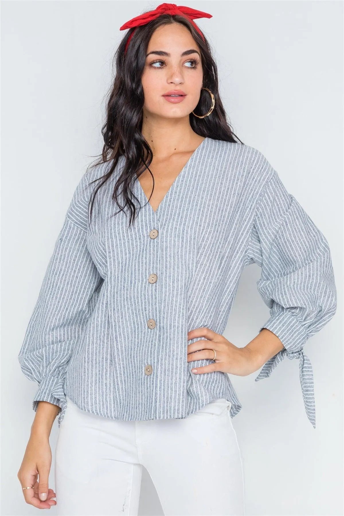 Grey Stripe Button Down Long Sleeve Boho Top /2-2-2 - Tasha Apparel Wholesale