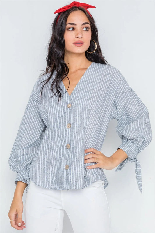 Grey Stripe Button Down Long Sleeve Boho Top /2-2-2 - Tasha Apparel Wholesale