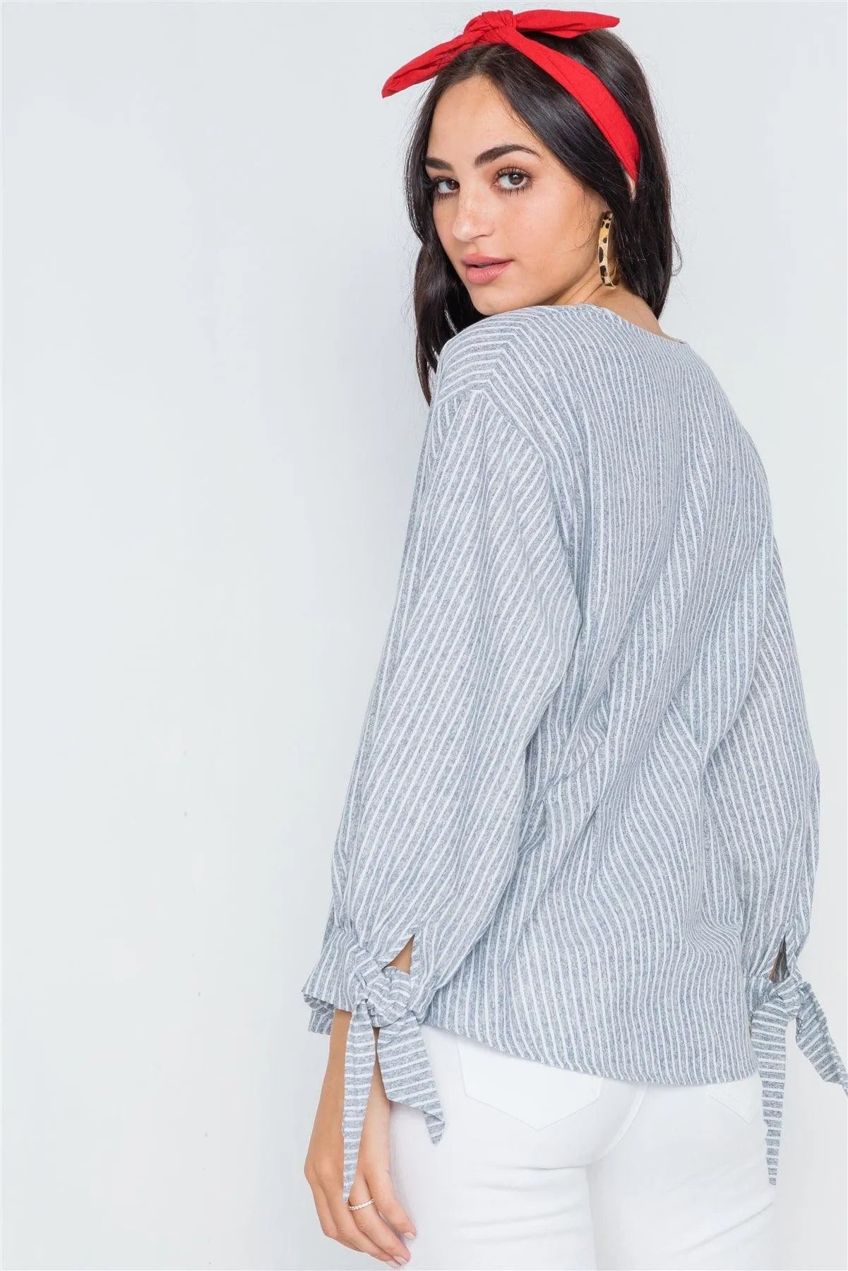 Grey Stripe Button Down Long Sleeve Boho Top /2-2-2 - Tasha Apparel Wholesale