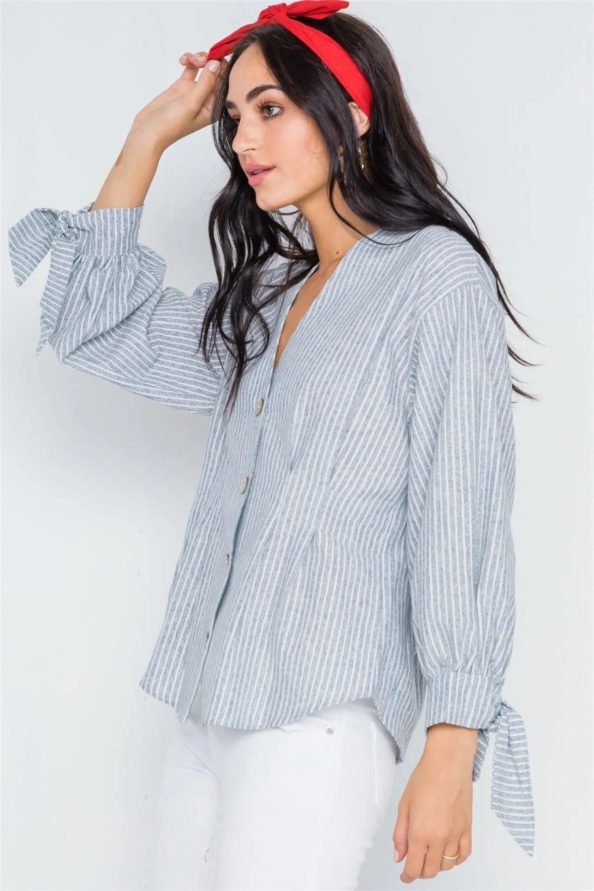 Grey Stripe Button Down Long Sleeve Boho Top /2-2-2 - Tasha Apparel Wholesale