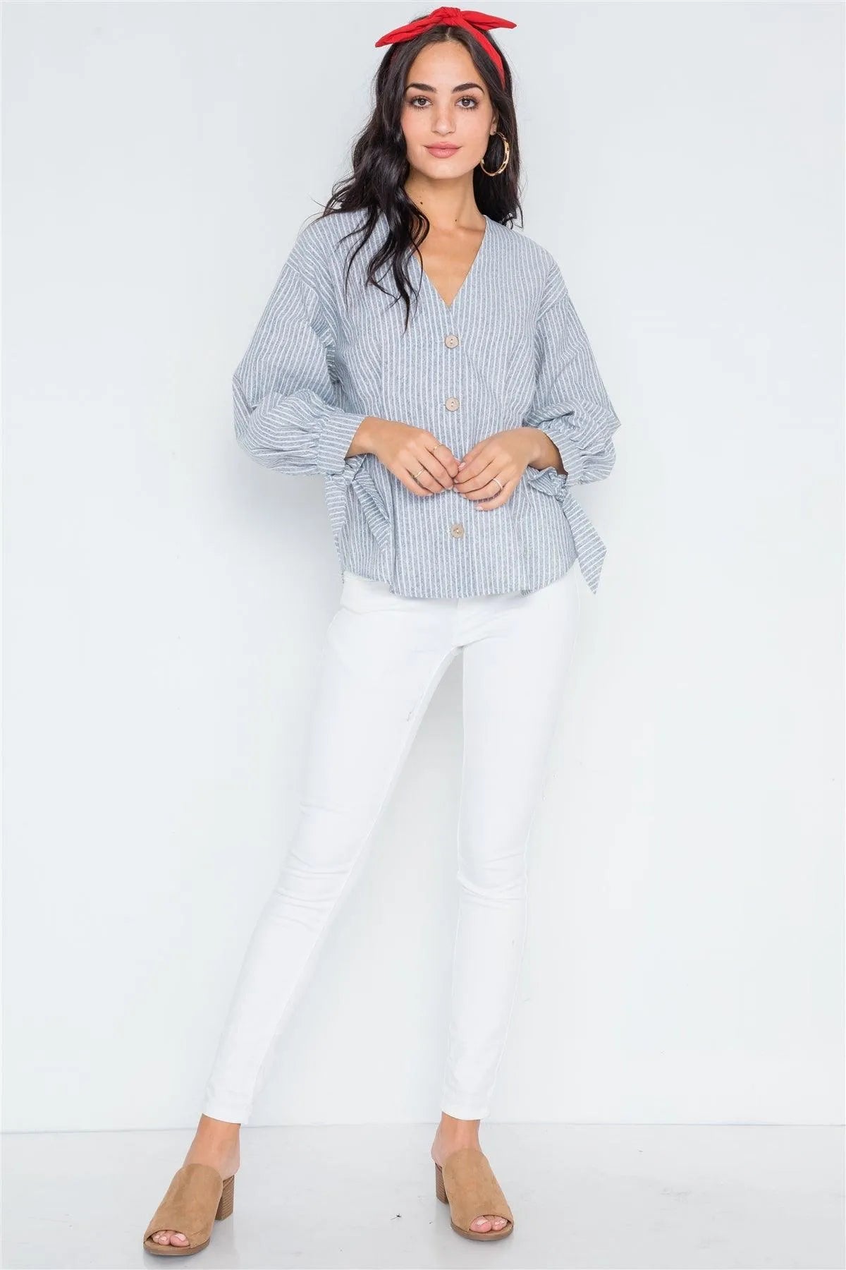 Grey Stripe Button Down Long Sleeve Boho Top /2-2-2 - Tasha Apparel Wholesale