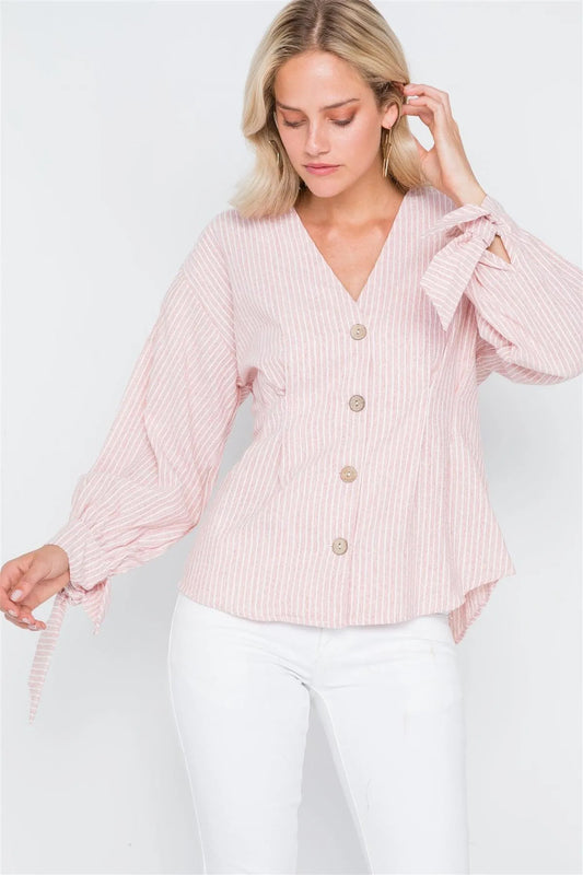 Pink Stripe Button Down Long Sleeve Boho Top /2-2-2 - Tasha Apparel Wholesale