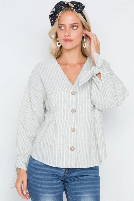Sage Stripe Button Down Long Sleeve Boho Top /2-2-2 - Tasha Apparel Wholesale