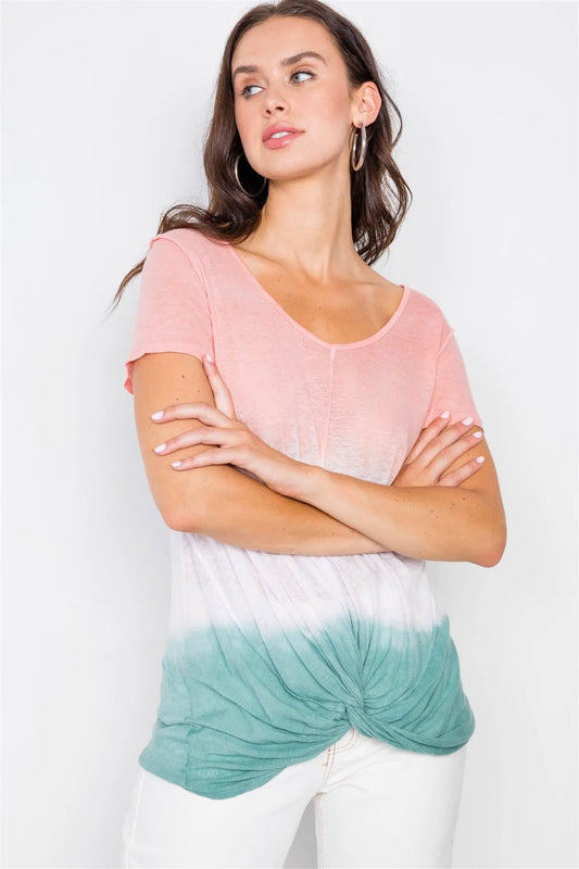 Coral Jade Dip Tie Dye Front Tie Short Sleeve Semi-Sheer Tee /2-2-2 - Tasha Apparel Wholesale