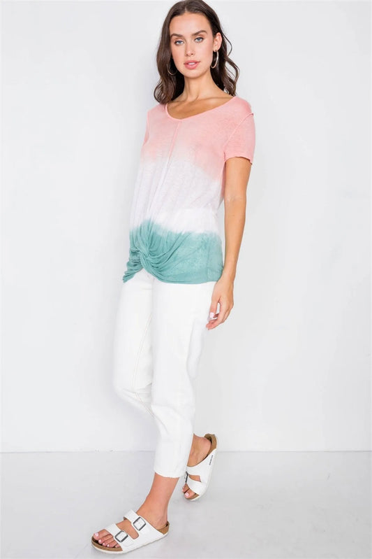 Coral Jade Dip Dye Front Tie Short Sleeve Semi-Sheer Tee / 3-2-2 - Tasha Apparel Wholesale