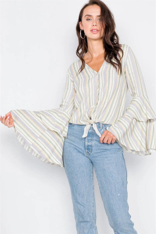 Sage Linen Trumpet Sleeve V-Neck Crop Top /2-2-2 - Tasha Apparel Wholesale