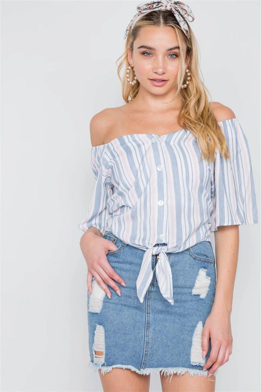 Blue Hem Stripe Button Front Self Tie Hem Top /2-2-2 - Tasha Apparel Wholesale