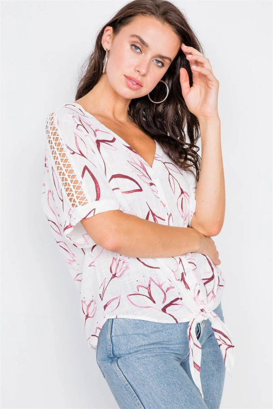 White Mauve Floral Paint Print High-Low Short Sleeve Top / 2-2-2 - Tasha Apparel Wholesale