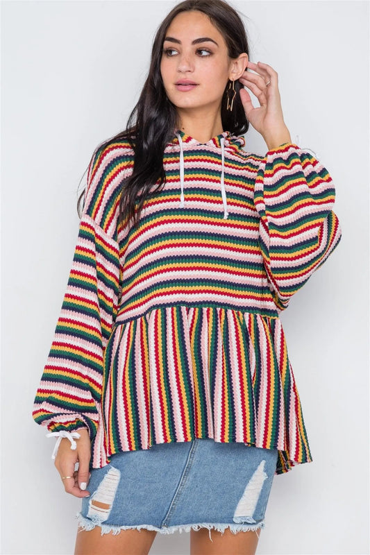 Red Mustard Geen Stripe Hooded Knit Sweater /2-2-2 - Tasha Apparel Wholesale