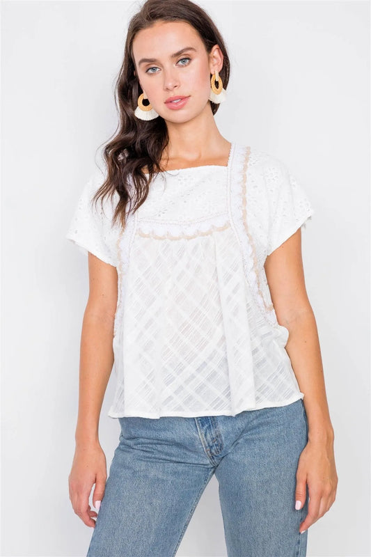 Ivory Floral Eyelet Square Neck High-Low Top /2-2-2 - Tasha Apparel Wholesale