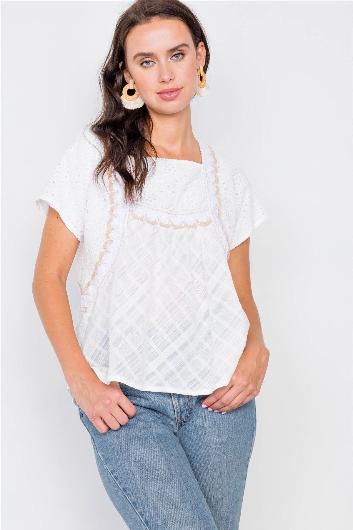 Ivory Floral Eyelet Square Neck High-Low Top /2-2-2