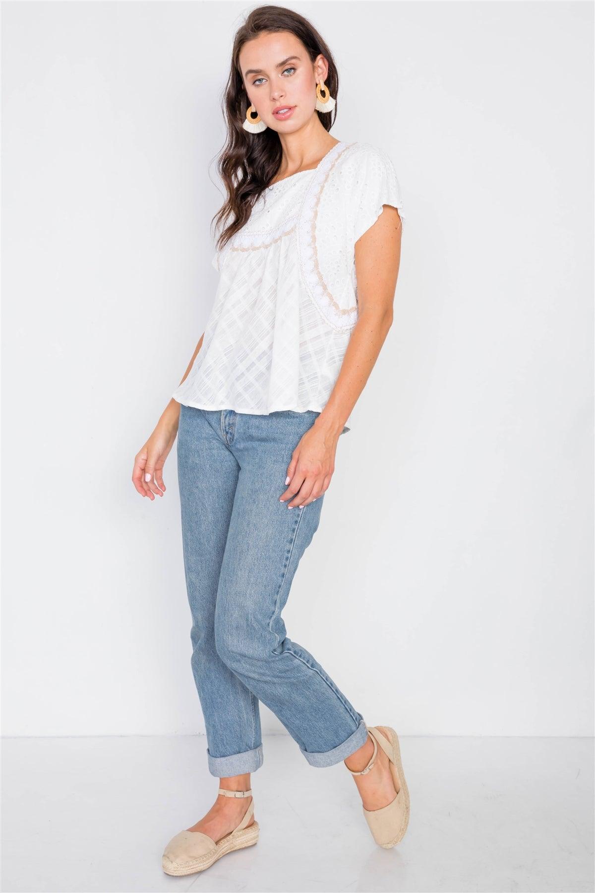 Ivory Floral Eyelet Square Neck High-Low Top